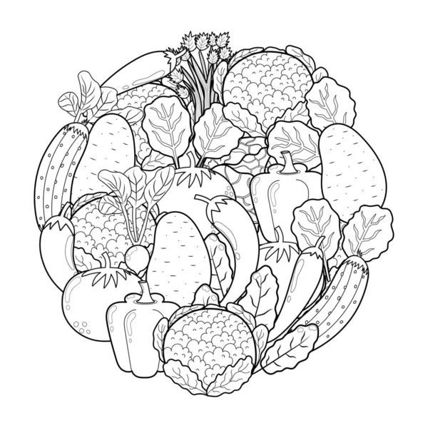 涂鸦蔬菜圆形图案为彩色书籍 食物曼陀罗着色页 黑色和白色印刷与花椰菜 西红柿 菠菜等 矢量说明 — 图库矢量图片