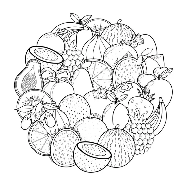 Doodle Frutas Círculo Forma Padrão Para Colorir Livro Página Coloração — Vetor de Stock