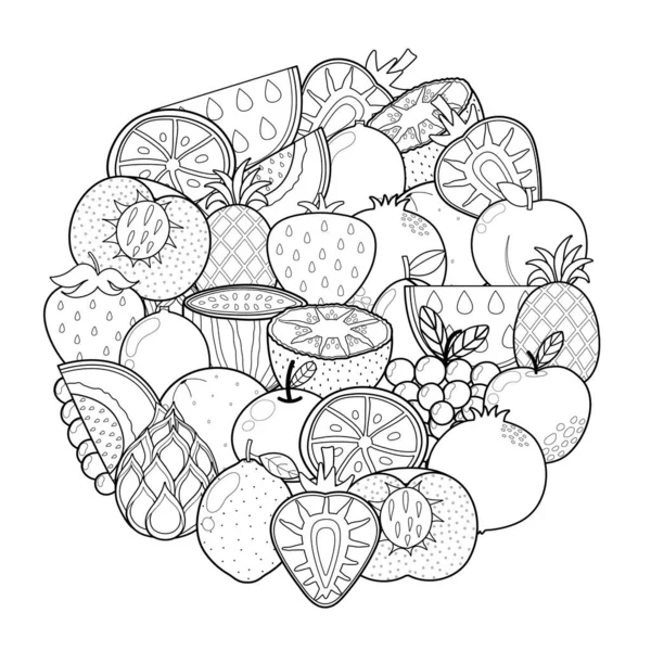 Doodle Frukt Cirkel Form Mönster För Målarbok Mat Mandala Målarfärg — Stock vektor