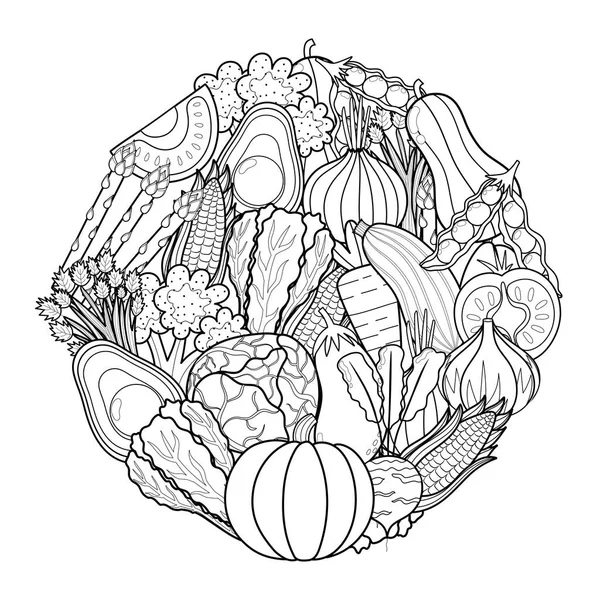 涂鸦蔬菜圆形图案为彩色书籍 食物曼陀罗着色页 黑色和白色的印刷与南瓜 西红柿 卷心菜 鳄梨等 矢量说明 — 图库矢量图片
