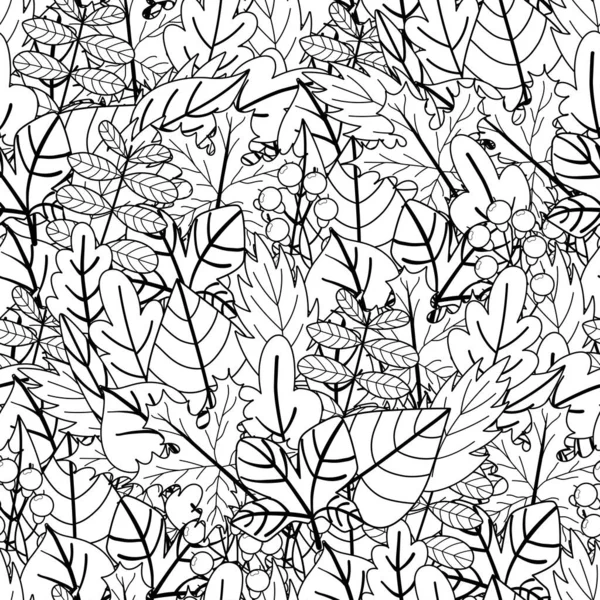 Doodle Pozostawia Czarny Biały Bezszwowy Wzór Kwiat Druku Kolorowanki Kolorystyka — Wektor stockowy