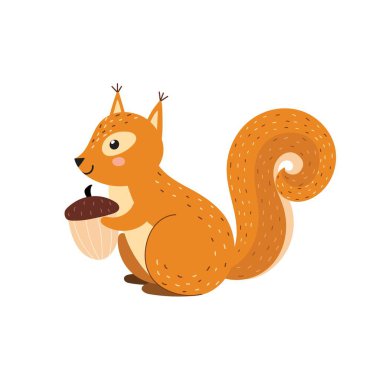 Meşe palamudu olan şirin bir sincap. Tuhaf orman karakteri tecrit edilmiş. Çocuklar için sonbahar ormanlık zirvesi. Vektör illüstrasyonu