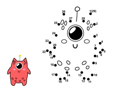 Noktaları birleştir ve sevimli bir uzaylı karakter çiz. Komik canavarla sayı aktivite sayfasına katıl. Çocuklar için noktadan noktaya eğitim oyunu. Vektör illüstrasyonu