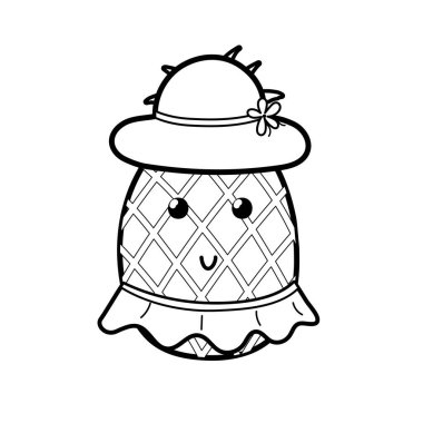 Şapka ve etek giymiş siyah beyaz tatlı ananaslı kız. Çocuklar için şirin bir yaz boyama sayfası. Çizgi film karakteri. Vektör illüstrasyonu