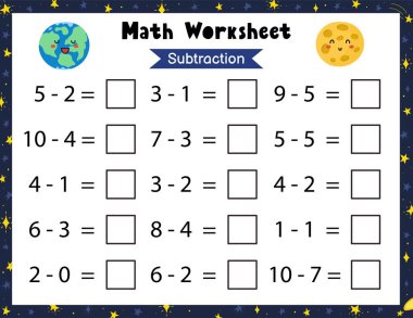 Çocuklar için matematik ödevi. Çıkarma. Tatlı uzaylılarla dolu uzay matematiksel aktivite sayfası. Sonuç şablonunu hesapla ve yaz. Vektör illüstrasyonu