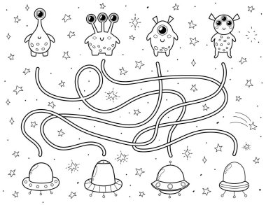 Find the correct flying saucer for each alien. Black and white space maze for kids. Activity page with funny space characters. Mini game and coloring page. Vector illustration clipart