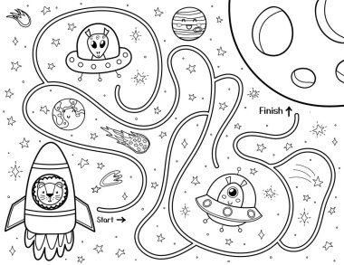 Roketteki sevimli bir aslana Ay 'a giden yolu bulması için yardım et. Çocuklar için siyah-beyaz uzay labirenti. Komik uzay karakterli aktivite sayfası. Mini oyun ve boyama sayfası. Vektör illüstrasyonu