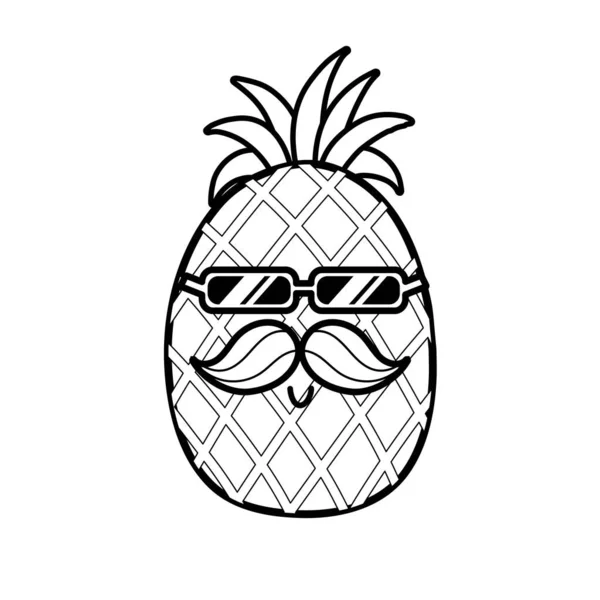Słodki Czarno Biały Ananas Wąsami Okularami Przeciwsłonecznymi Cute Lato Kolorowanki — Wektor stockowy
