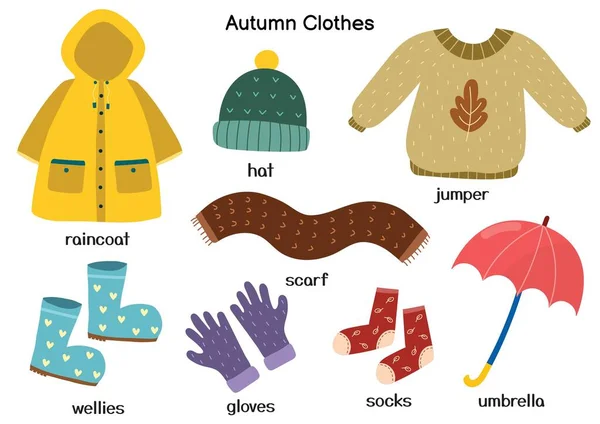 Herbstkleidung Mit Regenmantel Pullover Hut Gummistiefeln Outfit Kollektion Für Die — Stockvektor