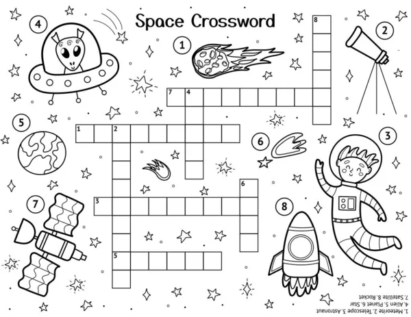Kruiswoordpuzzel Voor Kinderen Met Leuke Ruimtefiguren Zwarte Witte Ruimte Activiteitenpagina — Stockvector