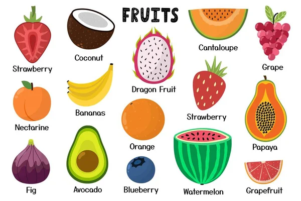 Linda Colección Frutas Comida Saludable Elementos Aislados Ideal Para Recetas — Vector de stock