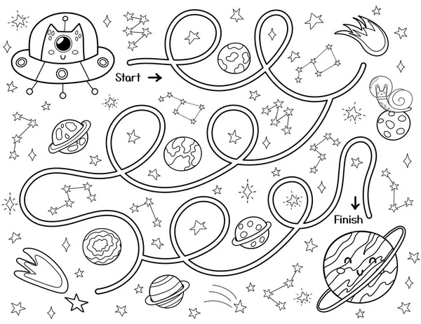 Labirinto Spaziale Bianco Nero Bambini Aiuta Simpatico Alieno Disco Volante — Vettoriale Stock