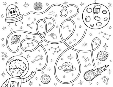 Çocuklar için siyah-beyaz uzay labirenti. Astronot bir çocuğun Ay 'a ulaşmasına yardım et. Komik uzay karakterli aktivite bulmacası sayfası. Mini oyun ve boyama sayfası. Vektör illüstrasyonu
