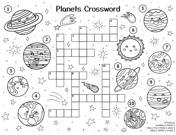 Puzzle Mots Croisés Système Solaire Avec Des Planètes Mignonnes Page — Image vectorielle