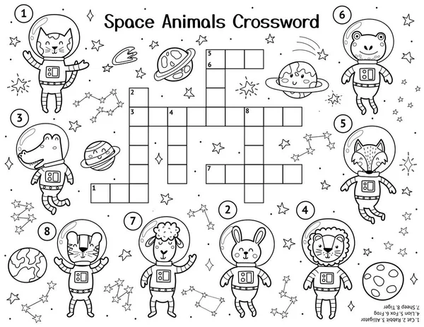 Ruimtedieren Kruiswoordpuzzel Met Schattige Personages Zwarte Witte Ruimte Activiteitenpagina Voor — Stockvector