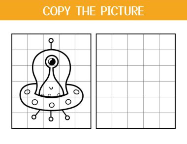 Çocuklar için resim etkinliği sayfasını kopyala. Bu örneği kullanarak uçan dairedeki sevimli uzaylıyı çiz ve renklendir. Okul ve anaokulu için uzay eğitim oyun şablonu. Vektör illüstrasyonu