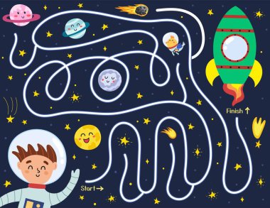 Astronot çocuğun rokete ulaşmasına yardım et. Çocuklar için uzay labirenti bulmacası. Komik uzay karakterli aktivite sayfası. Okul ve anaokulu için mini bir maç. Vektör illüstrasyonu