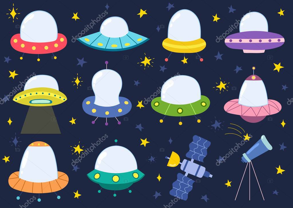 Alien spaceships collection. Ufo ships isolated elements set. Space graphic for prints, stickers, and posters. Vector illustration
