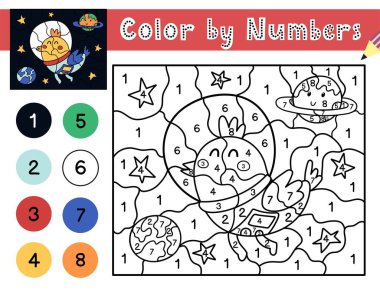 Resmi bir kuş astronotla numaralarla renklendir. Çocuklar için uzay aktivite sayfası. Anaokulu eğitim programı. Oyun şablonu sayılıyor. Vektör illüstrasyonu