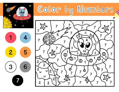 Çocuklar için rakamlara göre renk oyunu. Uzayda sevimli bir uzaylıyla boyama sayfası. Okul ve anaokulu için çözümüyle basılabilir çalışma kâğıdı. Sayıları öğreniyorum. Vektör illüstrasyonu