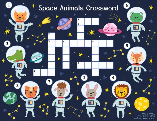 Ruimtedieren Kruiswoordpuzzel Met Schattige Personages Ruimte Activiteitenpagina Voor Kinderen Onderwijsblad — Stockvector