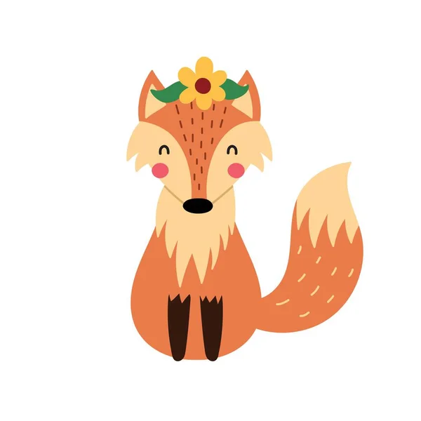 Cute Fox Flowers Its Head Funny Hand Drawn Forest Character — Stock Vector