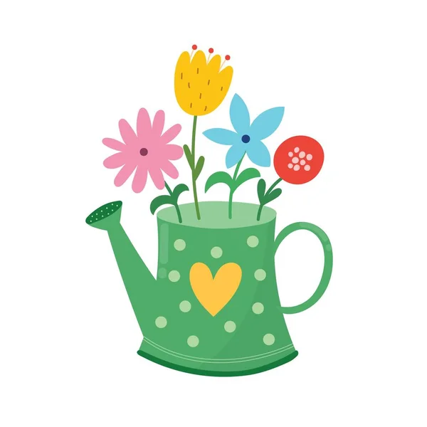 stock vector Watering can with flowers. Cute hand drawn beautiful flowerpot in cartoon style. Spring and summer floral isolated element. Great for springtime, gardening and farming design. Vector illustration