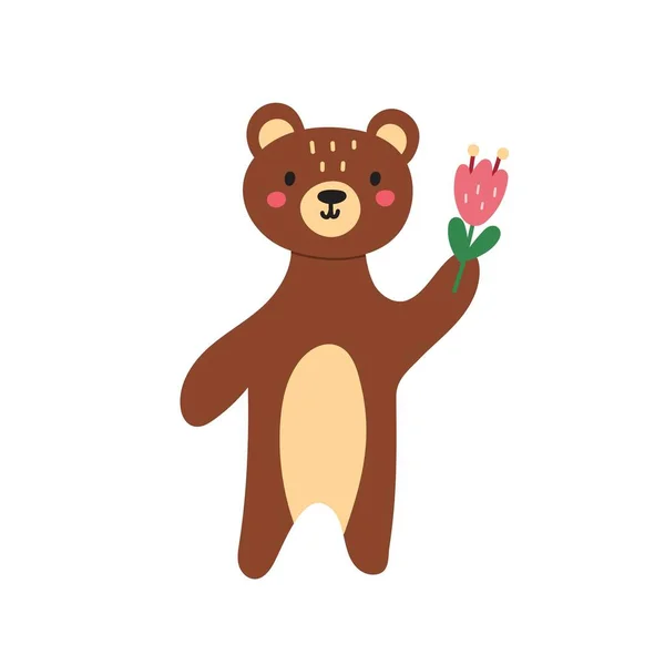 Cute Brown Bear Flower Funny Forest Character Standing Pose Spring — Stock Vector