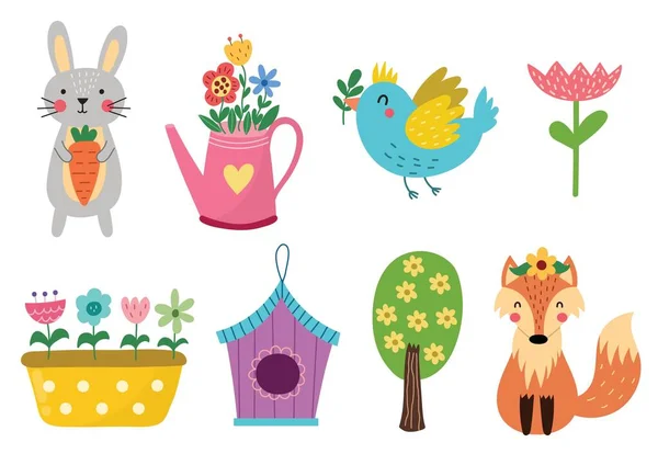 Милая Коллекция Пружинных Элементов Springtime Лиса Кролик Птица Цветы Цветущее — стоковый вектор