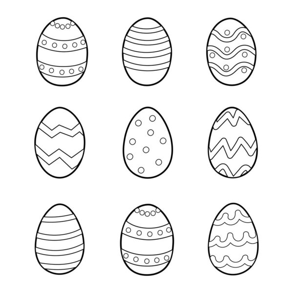 Easter doodle eggs with ornament coloring page. Spring holidays black and white elements for coloring book. Vector illustration