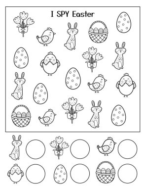 Paskalya siyah beyaz çalışma tablosu görüyorum. Çocuklar için eğitici aktivite ve boyama sayfası. El yazısı pratiği. Vektör illüstrasyonu