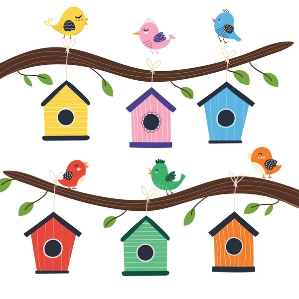 Albero Birdhouse Con Simpatici Uccelli Scatola Nidificante Stile Cartone Animato — Vettoriale Stock
