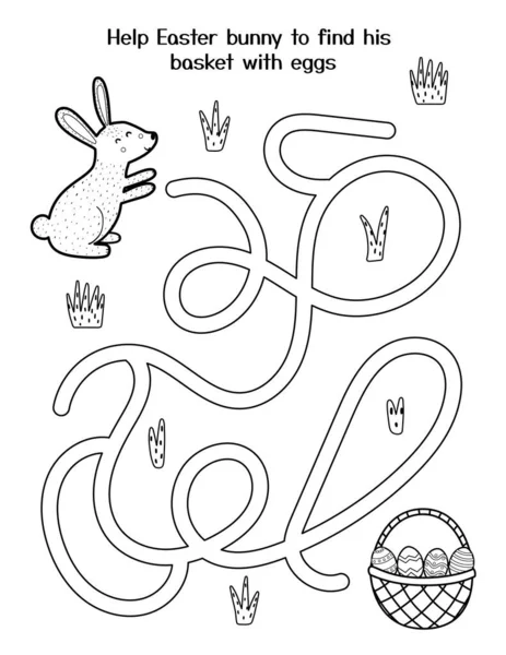 帮可爱的兔子把他的篮子里的蛋拿来 孩子们的复活节迷宫游戏 黑色和白色的春季活动页面 复活节兔子迷宫谜 矢量说明 — 图库矢量图片