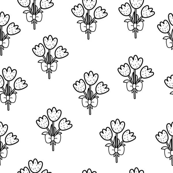Niedliche Tulpen Schwarz Und Weiß Nahtloses Muster Frühlingshintergrund Und Malseite — Stockvektor