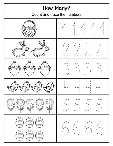 Combien Comptent Tracent Les Nombres Feuille Calcul Pâques Page Activités — Image vectorielle