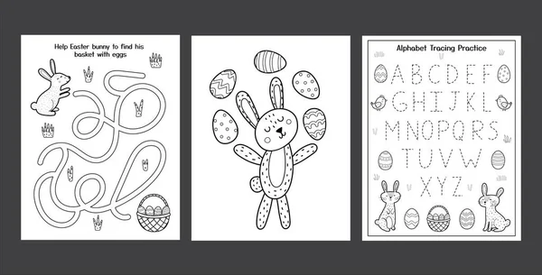 stock vector Easter Worksheets set with cute bunnies. Black and white spring activity pages collection for kids. Coloring page with rabbit and eggs. Easter alphabet tracing. Vector illustration