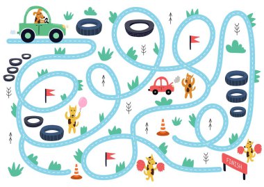 Help the cute dog drive to finish. Maze puzzle for kids. Car race activity page with funny animals. Mini game for school and preschool children. Vector illustration clipart