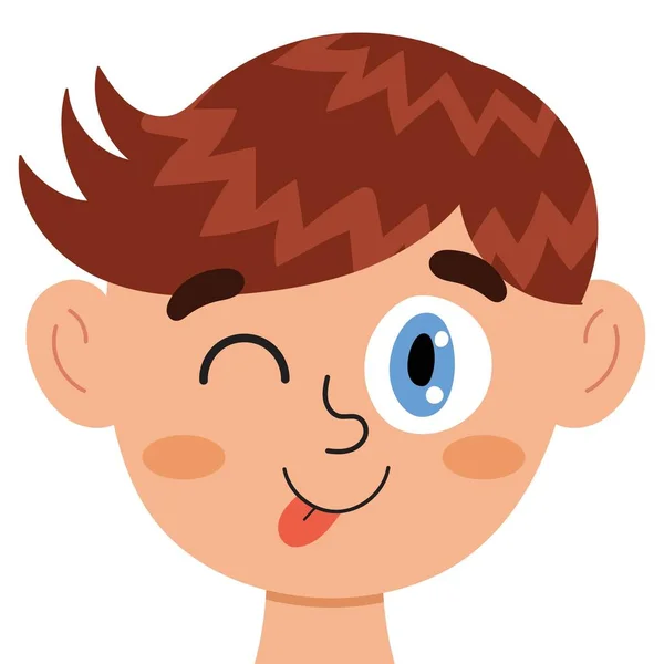 Silly boy face. Kid shows tongue clipart. Excited emotion. Emotional expression head close-up. Feeling concept vector illustration