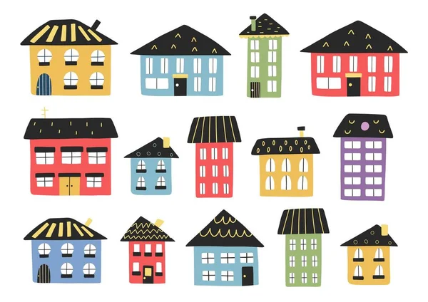 Niedliche Cartoon Häuser Gesetzt Winzige Städtische Gebäude Flache Isolierte Elemente — Stockvektor