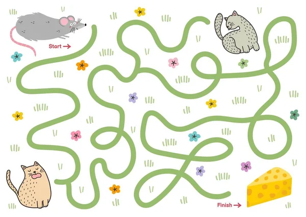 かわいいマウスがチーズへの正しい方法を見つけるのを助けます 子供の迷路パズル 面白いネズミと活動ページ 学校や就学前の子供のためのミニゲーム ベクターイラスト — ストックベクタ