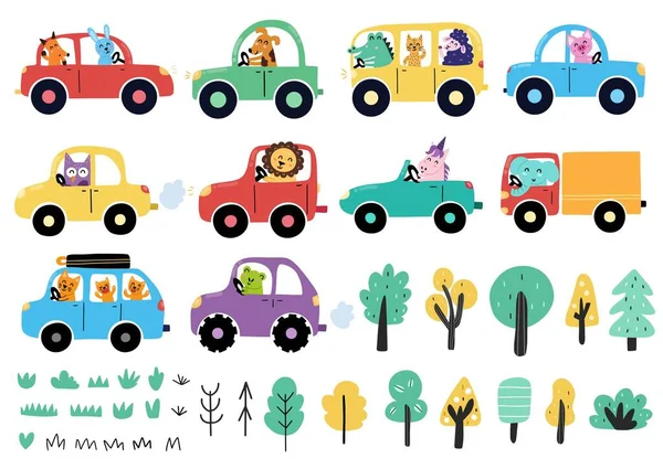 可爱的动物驾驶汽车集合 带有滑稽卡通人物的运输机 儿童和婴儿设计的车辆倾向 矢量说明 — 图库矢量图片