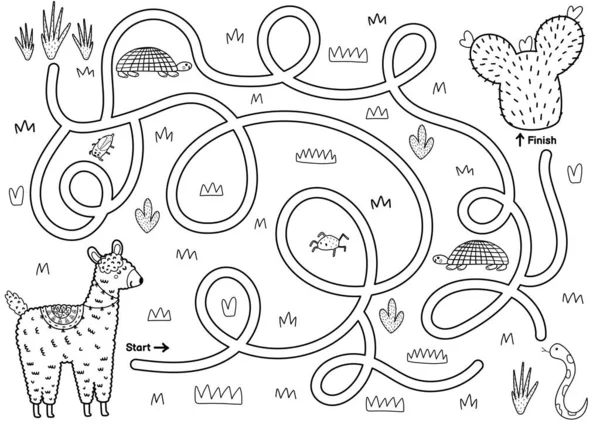 Jeu Labyrinthe Noir Blanc Pour Les Enfants Aidez Mignon Lama — Image vectorielle