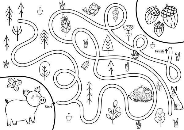儿童的黑白迷宫游戏 帮助可爱的猪找到去橡子的路 针对儿童的可打印迷宫活动 矢量说明 — 图库矢量图片