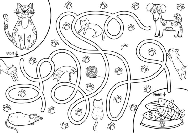 Черно-белый лабиринт игра для детей. Справка милый кот найти путь к рыбе. Печатная страница активности лабиринта для детей. Векторная иллюстрация