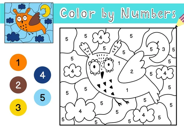 Kleur Nummer Spel Voor Kinderen Kleurplaat Met Een Schattige Uil — Stockvector