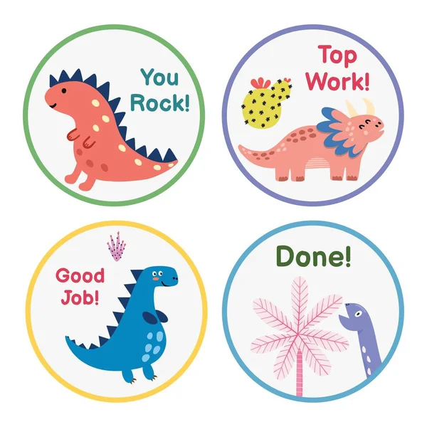 奖励贴纸收集可爱的恐龙 教师用滑稽的迪诺颁发徽章 工作图表和计划的标签 矢量说明 — 图库矢量图片