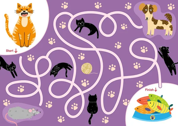 子供の迷路パズル かわいい猫が食べ物への道を見つけるのを助ける 面白い猫のキャラクター 犬とラットを持つ活動ページ 学校や就学前のためのミニゲーム ベクターイラスト — ストックベクタ