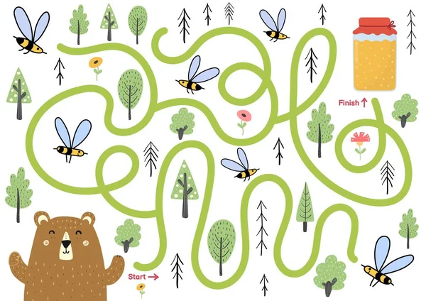 Puzzle Labyrinthe Pour Enfants Aide Ours Mignon Trouver Moyen Pot — Image vectorielle
