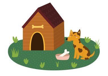 Cute little dog sitting near the kennel with a bowl and a bone inside. Doghouse isolated element. Vector illustration clipart