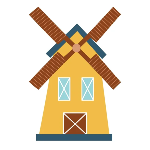 Windmühle Isoliertes Element Cartoon Stil Handgezeichnetes Mühlensymbol Auf Weißem Hintergrund — Stockvektor